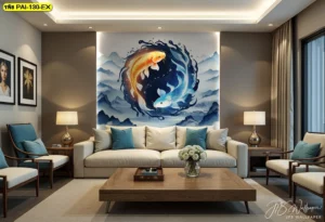 ภาพวอลเปเปอร์ปลาคาร์ฟศิลปะจีนแต่งผนังบ้าน ลายปลาคาร์ฟคู่หมุนวนกลางคลื่นภูเขาน้ำเงิน ติดหลังโซฟาห้องรับแขกโทนอบอุ่น ช่วยเสริมฮวงจุ้ยดีและสร้างภาพลักษณ์บ้านหรูทันสมัยสำหรับครอบครัวยุคใหม่