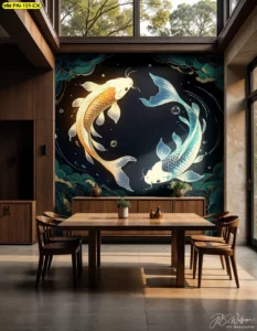 วอลเปเปอร์ปลาคาร์ฟคู่ฮวงจุ้ยดีสำหรับห้องรับแขกบนพื้นหลังสีดำ น้ำทะเลและเมฆมงคลโทนเขียวทอง ติดเต็มผนังด้านหนึ่งของห้องอาหาร ช่วยขับเฟอร์นิเจอร์ไม้เรียบง่ายให้ดูแพงและมีพลังงานมงคลหมุนเวียนตลอดเวลา