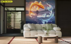 ภาพห้องนั่งเล่นเสื่อทาทามิสไตล์ญี่ปุ่น ใช้วอลเปเปอร์ปลาคาร์ฟแต่งห้องรับแขกปลาคาร์ฟคู่โทนส้มฟ้ากับวิวทะเลสาบด้านหลัง ทำให้มุมพักผ่อนเล็กๆ ดูกว้างและผ่อนคลายเหมือนรีสอร์ตริมทะเลสาบ