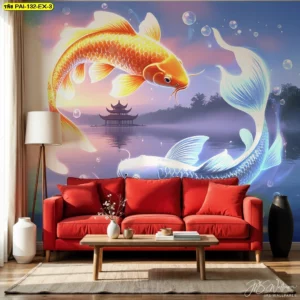 วอลเปเปอร์ปลาคาร์ฟแต่งห้องรับแขกฉากทะเลสาบยามเช้า ติดหลังโซฟาสีแดงสด ช่วยสร้างคอนทราสต์สวยโดดเด่น เหมาะสำหรับเจ้าของคอนโดที่ต้องการมุมถ่ายรูปและต้อนรับแขกในสไตล์โมเดิร์นมินิมอล
