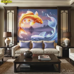 วอลเปเปอร์ปลาคาร์ฟแต่งห้องรับแขกริมทะเลสาบ พระอาทิตย์ตกดินและศาลาจีนด้านหลัง ช่วยให้ห้องนั่งเล่นดูสงบหรู ภาพปลาคาร์ฟทองและฟ้าลอยเด่นเหนือโซฟาสีครีมสไตล์โมเดิร์น