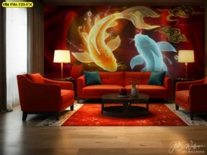 วอลเปเปอร์ปลาคาร์ฟแต่งห้องรับแขกโทนแดงทอง ปลาคาร์ฟคู่ว่ายน้ำอย่างมีชีวิตชีวาหลังโซฟาสีส้ม ช่วยให้ผนังห้องกลายเป็นจุดเด่นหรูดูมงคลสำหรับต้อนรับแขกทุกคน