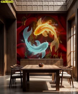 ภาพจำลองห้องรับประทานอาหารสไตล์ไม้ธรรมชาติ ใช้วอลเปเปอร์ปลาคาร์ฟแต่งห้องรับแขกปลาคาร์ฟทองและฟ้าตัดพื้นหลังแดง สร้างบรรยากาศหรูและอบอุ่น เหมาะสำหรับบ้านหรูและร้านอาหารพรีเมียม