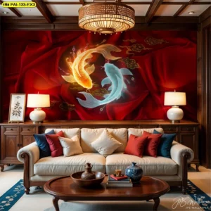 วอลเปเปอร์ปลาคาร์ฟแต่งห้องรับแขก พื้นหลังผ้าไหมสีแดง ปลาคาร์ฟคู่ทองฟ้าอยู่เหนือโซฟาสีครีม ช่วยให้ห้องดูหรูมงคล เหมาะสำหรับเจ้าของบ้านและคอนโดที่ต้องการจุดเด่นบนผนัง