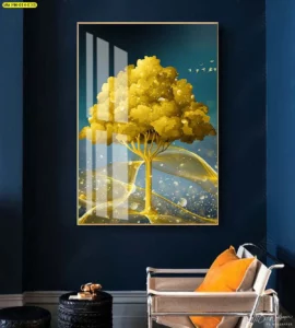 รูปติดผนังแนวตั้ง ลายต้นไม้สีทองอร่ามบนพื้นหลังสีน้ำเงินเข้ม เหมาะสำหรับติดโถงทางเดินหรือมุมห้อง เพื่อดึงดูดพลังงานด้านบวก