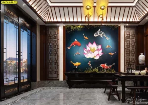 วอลเปเปอร์ปลาคาร์ฟพื้นหลังสีน้ำเงินเข้มลายดอกบัวชมพูขนาดใหญ่ประดับผนังห้องรับรองสไตล์จีนร่วมสมัยเสริมฮวงจุ้ยความมั่งคั่ง