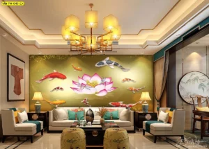 วอลเปเปอร์ลายปลาคาร์ฟหรูหราบนพื้นหลังสีทองอร่ามพร้อมภาพสั่งพิมพ์ดอกบัวบานตกแต่งห้องนั่งเล่นเพื่อเสริมบารมีและโชคลาภเงินทอง