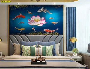 วอลเปเปอร์ปลาคาร์ฟพื้นหลังสีน้ำเงินเข้มลายดอกบัวสื่อถึงความสงบสุขและความเจริญรุ่งเรืองสำหรับตกแต่งห้องนอนหรู