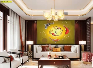 แบบห้องรับแขกตกแต่งด้วยวอลเปเปอร์ปลาคาร์ฟสีทองอร่ามบนพื้นหลังสีเขียวขี้ม้า สไตล์จีนโมเดิร์น เสริมความมั่งคั่งและบารมีให้กับเจ้าของบ้าน
