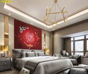 วอลเปเปอร์ปลาคาร์ฟว่ายวนเป็นวงกลมบนพื้นหลังสีแดงสด เสริมพลังธาตุไฟ ติดตั้งในห้องนอนสไตล์โมเดิร์นช่วยกระตุ้นโชคลาภและความสำเร็จ