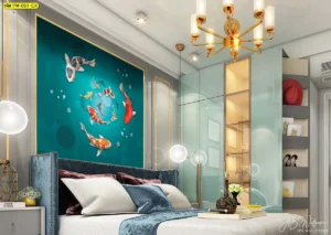 วอลเปเปอร์ลายปลาคาร์ฟว่ายทวนน้ำพื้นหลังสีเขียวน้ำทะเล ตกแต่งห้องนอนให้ดูผ่อนคลายและสดชื่น พร้อมเสริมความหมายมงคลเรื่องความพยายาม