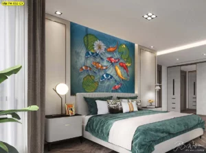 วอลเปเปอร์ภาพมงคลลายปลาคาร์ฟว่ายน้ำท่ามกลางกิ่งไผ่สีน้ำเงินในห้องนั่งเล่นโซฟาขาวหรู เสริมฮวงจุ้ยเรียกทรัพย์ให้เจ้าของบ้านคาเฟ่สปาตกแต่งผนังสวยงามดึงดูด