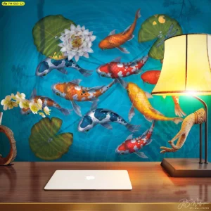 ภาพวอลเปเปอร์ปลาคาร์ฟลอยตัวท่ามกลางดอกบัวสีฟ้าเขียวในห้องทำงาน เสริมมงคลพลังบวกให้เจ้าของธุรกิจตกแต่งผนังสวยงาม