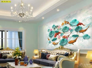 วอลเปเปอร์ลายปลาคาร์ฟหรูหราท่ามกลางใบบัวสีเขียวมรกตและภาพสั่งพิมพ์งานศิลปะ 3 มิติสำหรับห้องรับแขกสไตล์หลุยส์