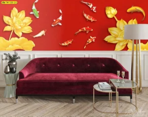 วอลเปเปอร์ปลาคาร์ฟสีแดงสดคู่กับดอกบัวสีทองขนาดใหญ่ ภาพมงคลแต่งห้องรับแขกเสริมความอุดมสมบูรณ์และโชคลาภ เหมาะกับบ้านสไตล์หรูหรา