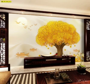 วอลเปเปอร์สั่งพิมพ์ลายต้นไม้ทองใบเป็นเงินเหรียญจีนโบราณ พื้นหลังสีครีมสว่าง ช่วยให้ห้องดูกว้างขึ้น พร้อมเสริมโชคลาภเงินทอง