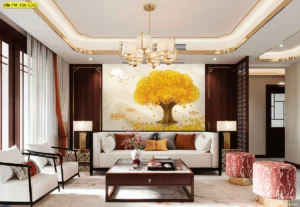 ห้องรับแขกโทนสีขาวครีม ตกแต่งผนังด้วยวอลเปเปอร์ลายต้นไม้เหรียญทองเต็มต้น พร้อมเรือสำเภาขนเงินเข้าบ้าน ตามหลักฮวงจุ้ยคนจีน