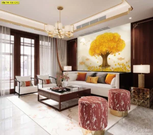 ไอเดียแต่งห้องนั่งเล่นสไตล์จีนโมเดิร์น ติดตั้งวอลเปเปอร์ลายต้นไม้เหรียญทองและเรือสำเภา ช่วยเรียกทรัพย์ เสริมฮวงจุ้ยการค้าขาย