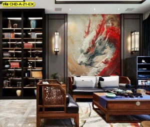 วอลเปเปอร์ลายมังกรเสริมโชคสีขาวแดงลายเส้นพู่กันจีนติดตั้งบนผนังห้องรับแขกสไตล์จีนร่วมสมัยคู่กับเฟอร์นิเจอร์ไม้แกะสลักหรู