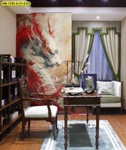 ตกแต่งห้องทำงานด้วยภาพมังกรพู่กันจีนสีขาวแดงงานศิลปะตกแต่งห้องที่เข้ากับโต๊ะทำงานไม้คลาสสิกและม่านบังตาโทนสีเขียวขาวสะอาดตา
