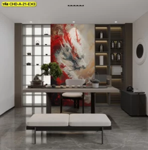 ภาพจำลองสถาปัตยกรรมภายในใช้ภาพมังกรพู่กันจีนสีขาวแดงติดตั้งในห้องจิบชาที่ตกแต่งด้วยชั้นวางของแบบบิวท์อินและบอนไซสวยงาม