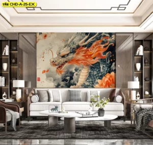 วอลเปเปอร์ลายมังกรเสริมโชคสีสันสดใสตกแต่งผนังหลังโซฟาในห้องนั่งเล่นหรูช่วยเพิ่มพลังบวกและบรรยากาศที่เป็นสิริมงคลภายในบ้าน