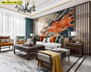 ภาพพิมพ์มังกรสั่งผลิตขนาดพิเศษสำหรับผนังขนาดใหญ่ในห้องรับแขกสไตล์โมเดิร์นไชนีสที่เน้นการใช้สอยพื้นที่และแสงธรรมชาติอย่างลงตัว