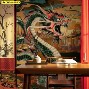 วอลเปเปอร์ลายมังกรสไตล์จีนร่วมสมัยโทนสีเขียวแดงในห้องทำงานสุดหรูช่วยเสริมอำนาจบารมีให้กับผู้บริหารระดับสูง