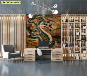 ดีไซน์ห้องทำงานทันสมัยพร้อมการติดตั้งวอลเปเปอร์ลายมังกรสไตล์จีนร่วมสมัยขนาดใหญ่ช่วยสร้างความประทับใจให้แก่ผู้มาเยือน