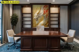 ภาพพิมพ์มังกรทองสั่งผลิตติดผนังหลังโต๊ะประชุมในห้องทำงานผู้บริหารเพื่อเสริมอำนาจบารมีและการตัดสินใจที่เฉียบคมตามหลักฮวงจุ้ย