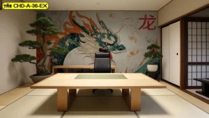 ภาพมงคลติดผนังห้องทำงานมังกรสไตล์ญี่ปุ่นร่วมสมัยสร้างบรรยากาศสงบและทรงพลังด้วยโทนสีอ่อนตัดกับลายเส้นมังกรสีเขียว