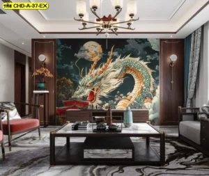วอลเปเปอร์ลายมังกรสไตล์จีนร่วมสมัยประดับผนังห้องนั่งเล่นสุดพรีเมียมพร้อมภาพดวงจันทร์ช่วยปรับฮวงจุ้ยบ้านให้รุ่งเรือง