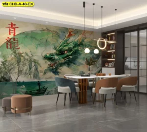 วอลเปเปอร์มังกรเขียวเหนี่ยวทรัพย์ลายเส้นพริ้วไหวติดตั้งในห้องรับประทานอาหารสุดหรูช่วยเสริมพลังงานบวกและดึงดูดโชคลาภตามหลักฮวงจุ้ยสมัยใหม่