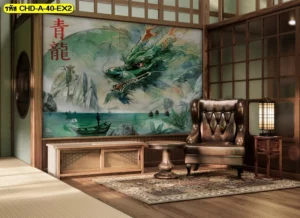 ภาพมังกรกราฟิกอาร์ตตกแต่งภายในสไตล์มหาเศรษฐีติดตั้งในห้องพักผ่อนที่เน้นวัสดุไม้ธรรมชาติให้ความรู้สึกภูมิฐานอย่างยิ่ง