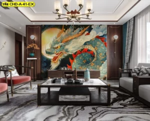 ภาพมงคลติดผนังห้องทำงานมังกรโทนสีน้ำเงินทองในห้องนั่งเล่นระดับพรีเมียมช่วยปรับสมดุลพลังงานบวกและยกระดับงานสถาปัตยกรรมภายในบ้าน