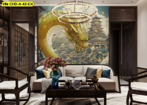 ห้องโถงหรูติดตั้งวอลเปเปอร์ลายมังกรสไตล์จีนร่วมสมัยโทนสีทองเหลืองอร่ามแสดงถึงความมั่งมีวาสนาและอำนาจที่ยิ่งใหญ่