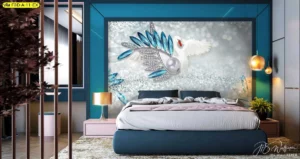 วอลเปเปอร์ฮวงจุ้ยนกยูงสีขาวและคริสตัลสีน้ำเงินประดับมุกขนาดใหญ่สำหรับติดหัวเตียงนอนเพื่อเพิ่มพลังงานด้านความสงบและความเจริญรุ่งเรือง