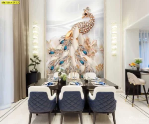 วอลเปเปอร์นกยูง 3D ดีไซน์อัญมณีสีทองหรูหราสำหรับตกแต่งห้องรับประทานอาหารเพื่อเสริมบารมีและดึงดูดความมั่งคั่งตามหลักฮวงจุ้ยมงคล