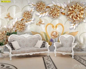 วอลเปเปอร์ฮวงจุ้ยหงส์คู่สีทองเล่นระดับ 3 มิติประดับดอกไม้และเพชรสวยงามช่วยเสริมความรักและความมั่งคั่งมั่งมีภายในห้องนั่งเล่นสุดหรู