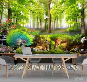 วอลเปเปอร์นกยูงเสริมมงคลลายวิวป่าสีเขียวสดชื่นพร้อมสัตว์มงคลนานาชนิดช่วยสร้างบรรยากาศธรรมชาติที่ร่มเย็นและเสริมบารมีให้เจ้าของบ้าน