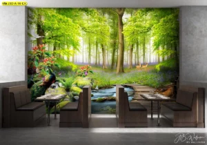 วอลเปเปอร์นกยูงเสริมมงคลลายวิวป่าสีเขียวสดใสติดตั้งในร้านอาหารเพื่อสร้างบรรยากาศที่ผ่อนคลายและดูหรูหราเป็นธรรมชาติ