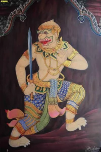 วอลเปเปอร์ลายหนุมานกายสีขาวทรงเครื่องสีทองภาพวาดจิตรกรรมไทยประยุกต์สำหรับตกแต่งห้องพระเพื่อเสริมสร้างบารมี