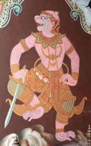 รูปหนุมานติดผนังห้องพระเสริมบารมีกายสีชมพูอ่อนลายเส้นไทยประณีตพริ้วไหวช่วยเพิ่มความสวยงามและสิริมงคลภายในบ้าน