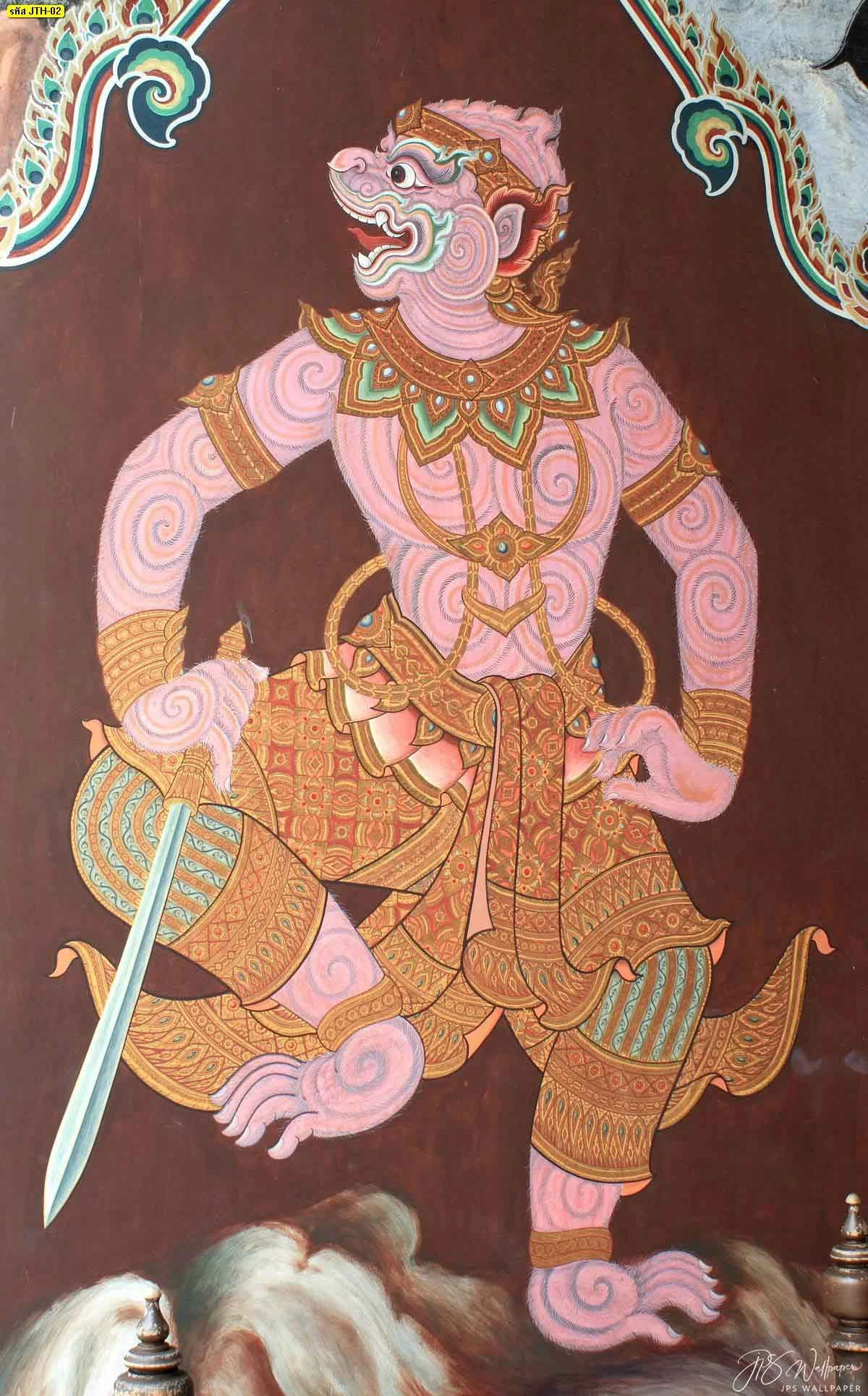 รูปหนุมานติดผนังห้องพระเสริมบารมีกายสีชมพูอ่อนลายเส้นไทยประณีตพริ้วไหวช่วยเพิ่มความสวยงามและสิริมงคลภายในบ้าน