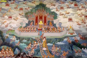 ภาพพิมพ์จิตรกรรมไทยลายเทวดาเข้าเฝ้าพระพุทธเจ้าบนสวรรค์ชั้นดาวดึงส์ สำหรับตกแต่งผนังห้องพระเสริมสิริมงคลยิ่งใหญ่