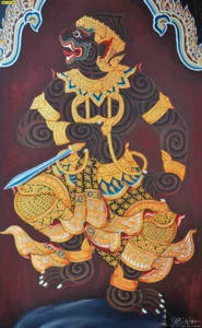 วอลเปเปอร์หนุมานจตุรพักตร์งานศิลปะตกแต่งภายในกายสีดำเข้มตัดกับเครื่องทรงสีทองเหลืองอร่ามดูน่าเกรงขามและทรงพลัง