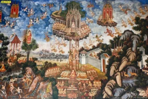 วอลเปเปอร์ลายพุทธประวัติฉากเสด็จลงจากสวรรค์ชั้นดาวดึงส์ งานพิมพ์ละเอียดสูงสำหรับประดับโถงวัดและห้องพระขนาดใหญ่