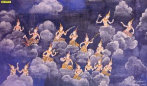 ภาพพิมพ์ลายจิตรกรรมฝาผนังเหล่าเทวดานางฟ้ากำลังร่ายรำและบรรเลงดนตรีบนสรวงสวรรค์ท่ามกลางหมู่เมฆสีม่วงเข้มสร้างบรรยากาศที่สงบเงียบและศักดิ์สิทธิ์
