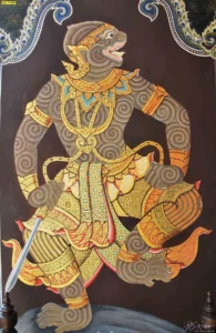 ภาพหนุมานลายไทยโมเดิร์นคลาสสิกกายสีเทาลายขดสีน้ำตาลแสดงถึงความแคล่วคล่องว่องไวเหมาะสำหรับตกแต่งออฟฟิศหรือห้องทำงาน