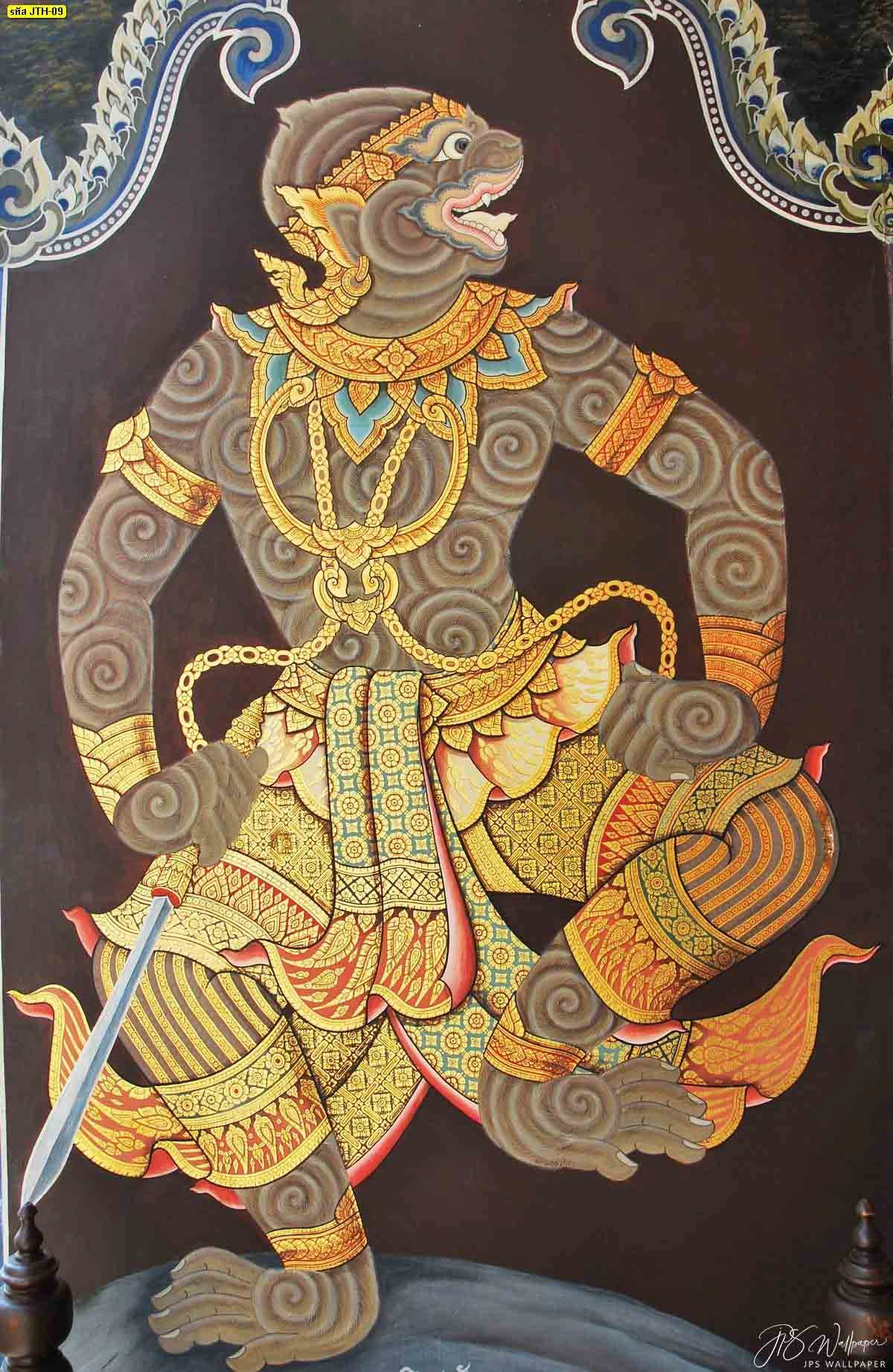 ภาพหนุมานลายไทยโมเดิร์นคลาสสิกกายสีเทาลายขดสีน้ำตาลแสดงถึงความแคล่วคล่องว่องไวเหมาะสำหรับตกแต่งออฟฟิศหรือห้องทำงาน